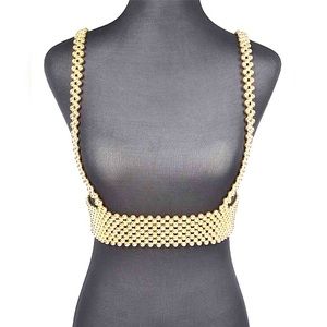 Gold Metallic Body Chain Harness Suspenders Statement Belt